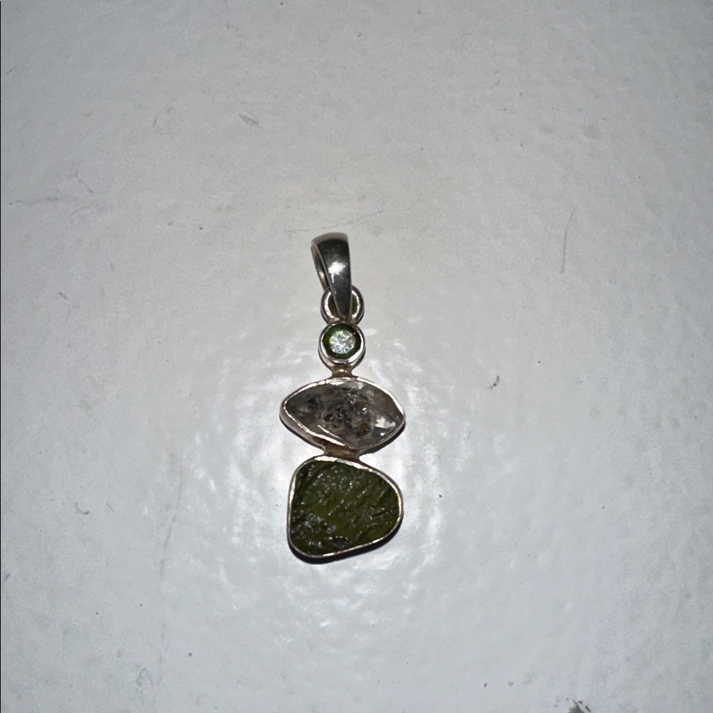 Moldavite And Smokey Quartz Silver Pendant